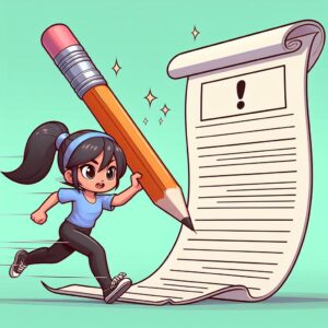 Woman running with Pencil to fill in information